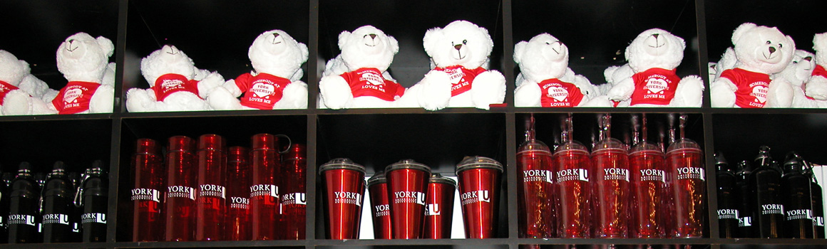 York branded water bottles and stuffed toys